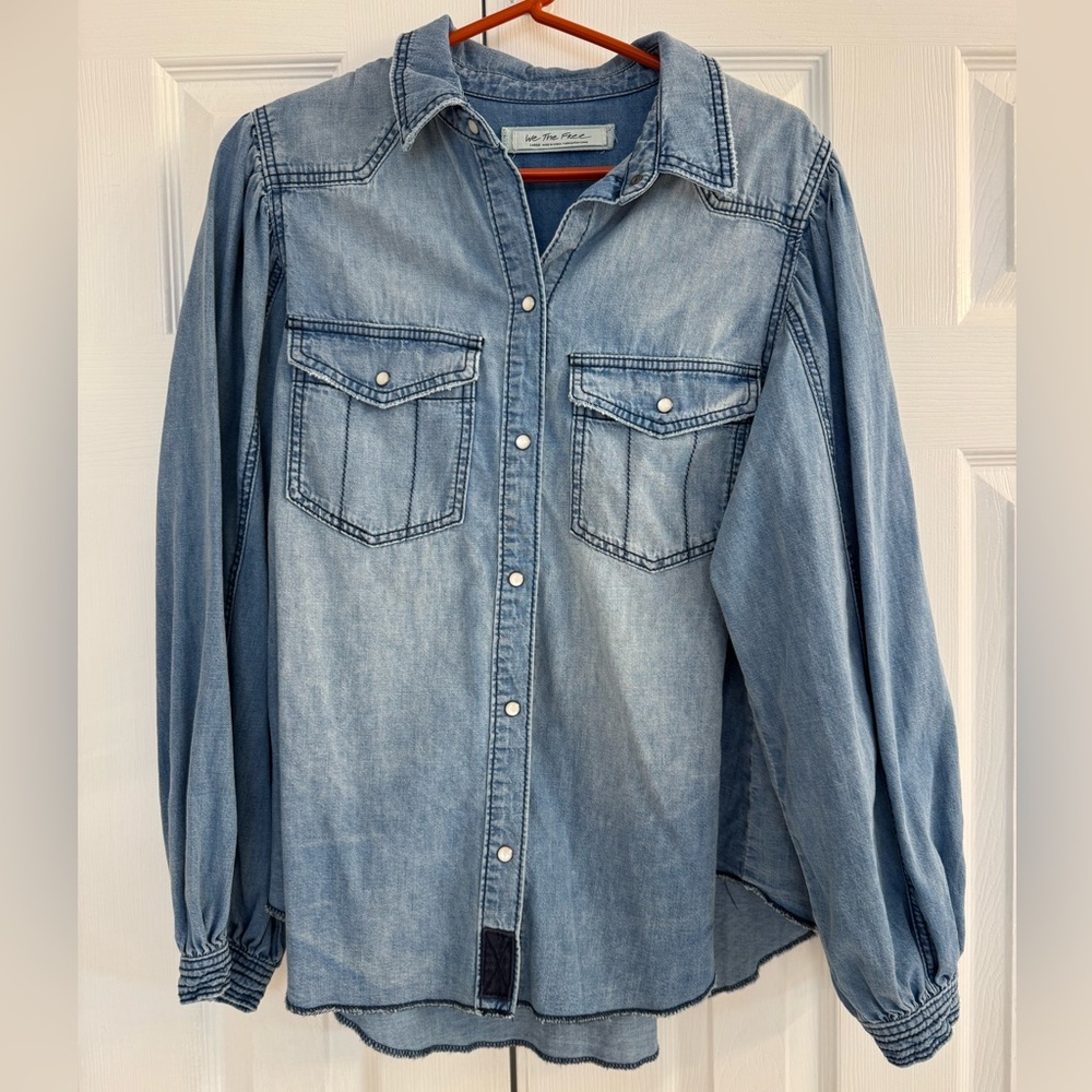 Free People Light Wash Denim Button-Down Shirt